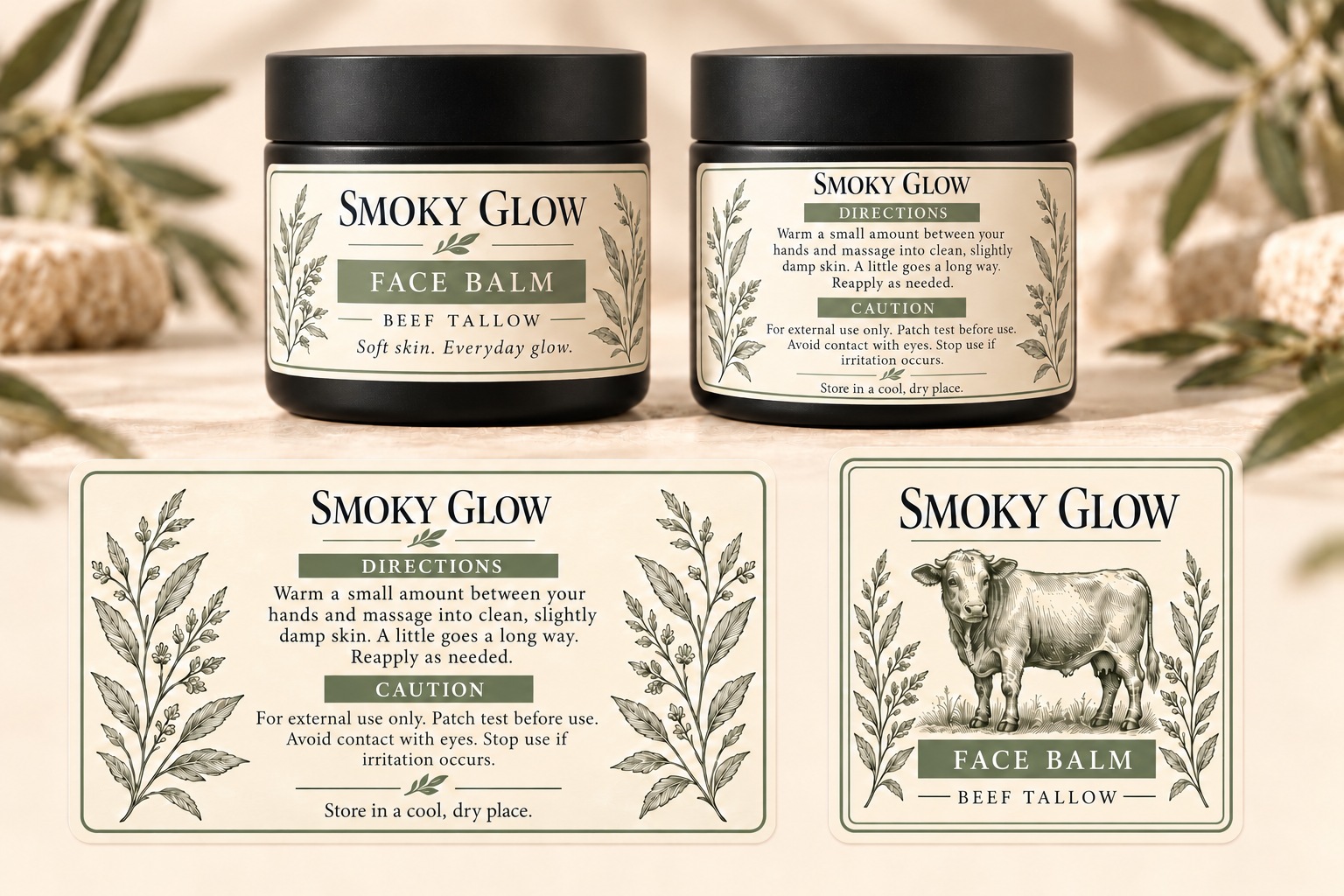 Smoky Glow botanical Face Balm packaging with a cow illustration